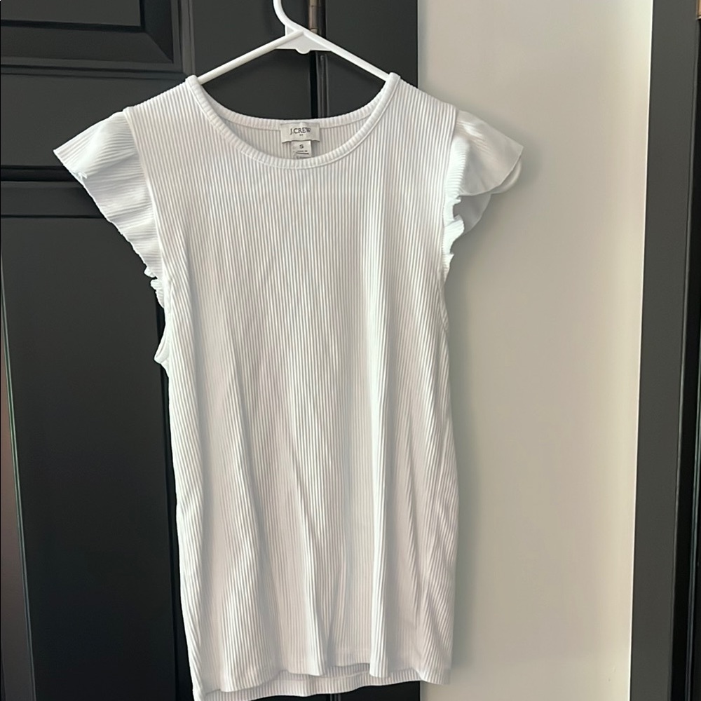 J. Crew White Flutter Sleeve Ruffled T-Shirt